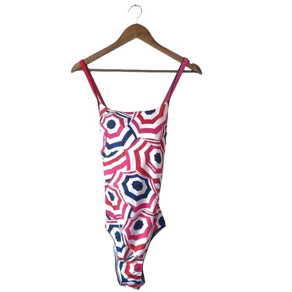 NWT Lands’ End One Piece Swimsuit Pink Blue White Geometric Print Women 10